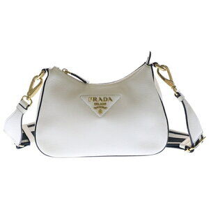 PRADA Logo Plate Vitello Dino Soft Leather Shoulder Bag White